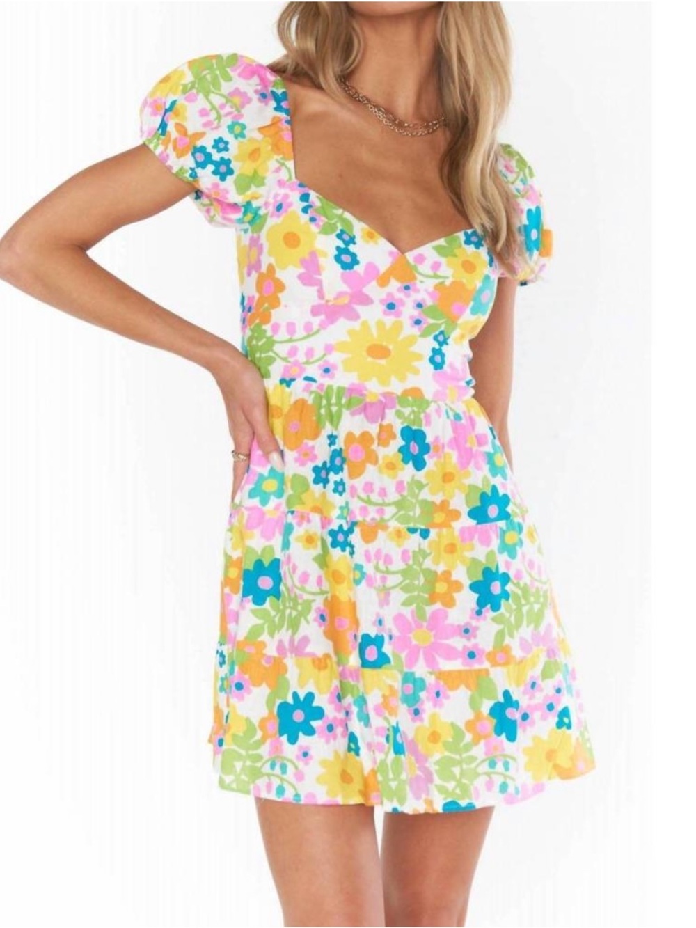 Show Me Your Mumu Cathy Mini Dress Petal Pop Floral Puff Sleeve Open Back Size M